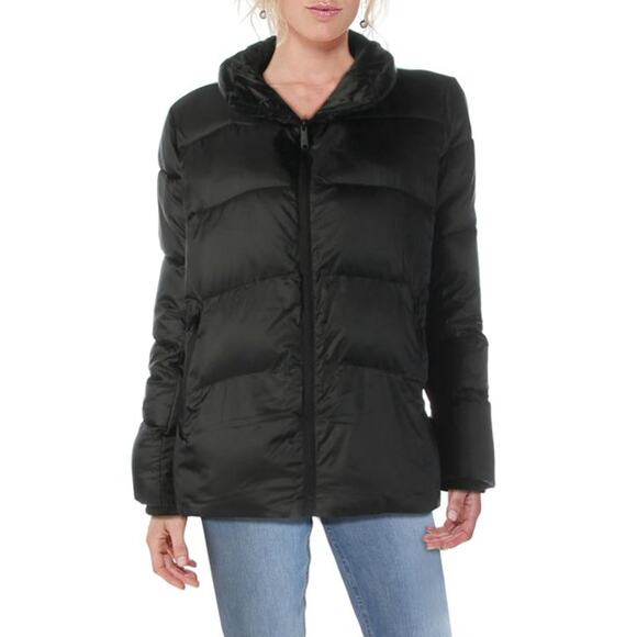 Sam Edelman Short Puffer Long Sleeve Down Hooded Winter Jacket Black coat MEDium - Picture 1 of 5